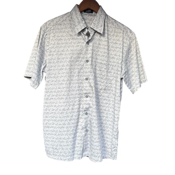 BODHI by Kotomori White Grey Abstract Birds Short Sleeve Button Down - M - Picture 3 of 7